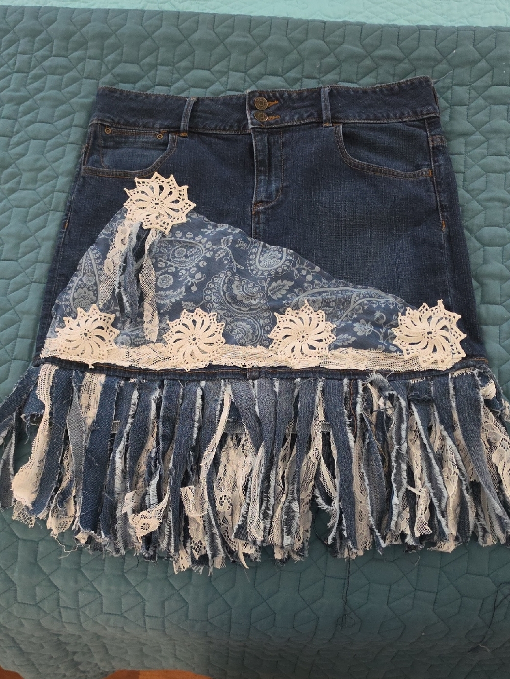 Old Navy Dark Blue Denim Mini Skirt with Cream Lace Fringe Upcycled
